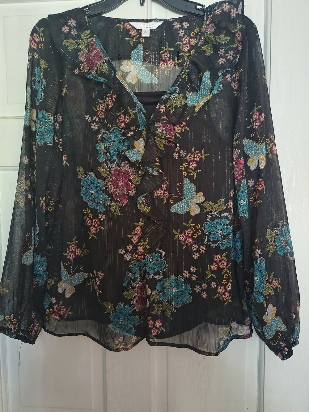LC Lauren Conrad Black Sheer Ruffle Blouse with Teal, Pink & Cream Floral